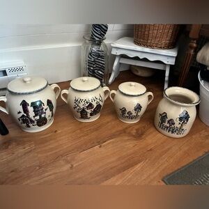 Set of 4 Cream Decorative Ceramic Canisters with Birdhouse Motif